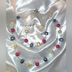 Vintage Illusion Wire Possible Pearl Necklace And Bracelet Set